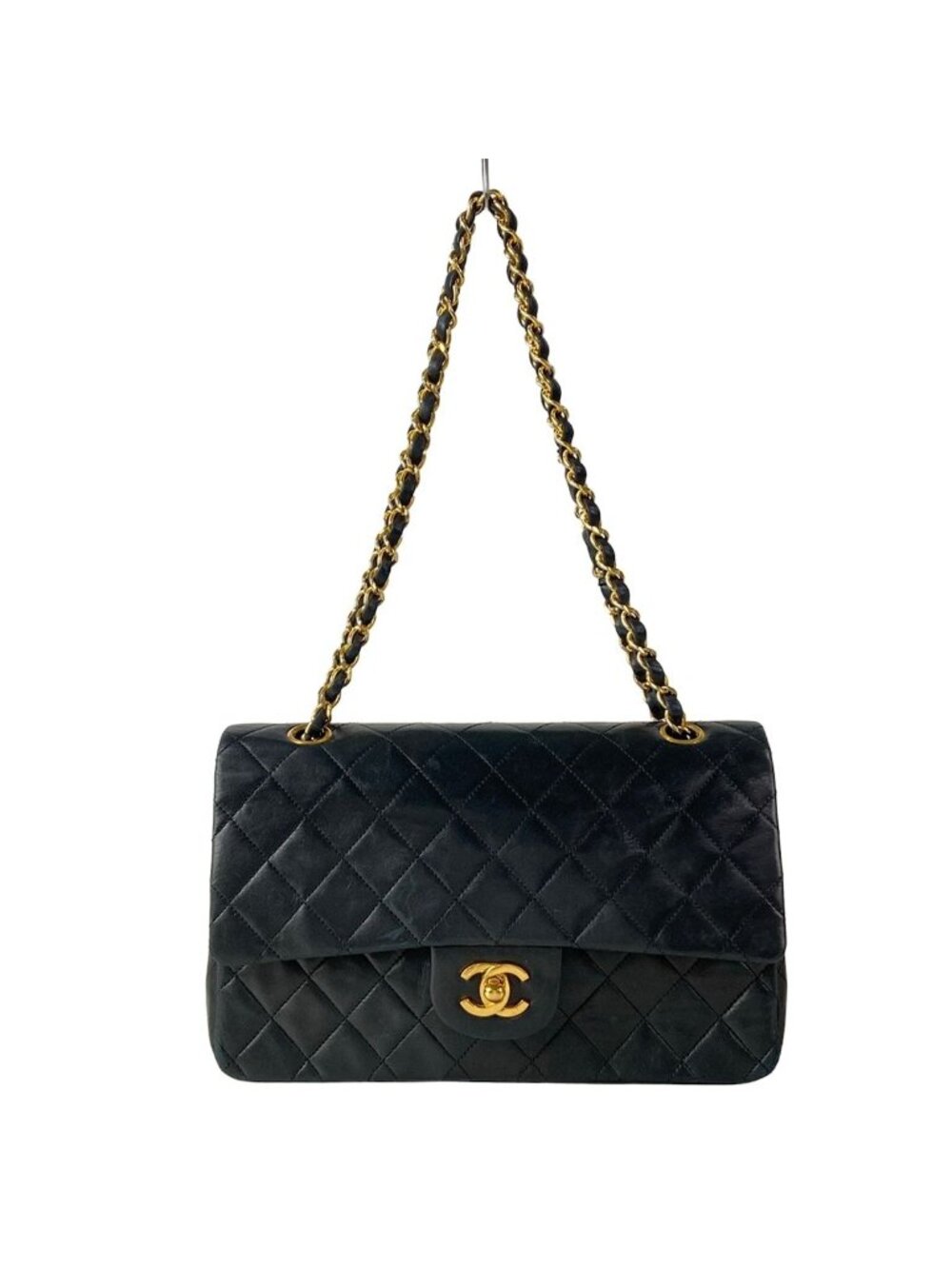 Chanel Shoulder Bag Double Flap Quilted Black Gold Chain Lambskin